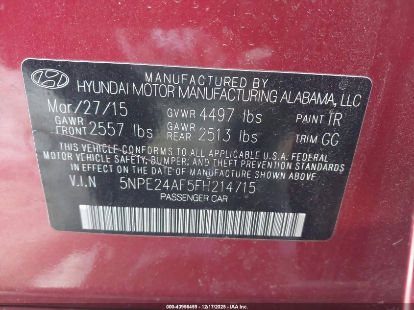 2015 Hyundai Sonata Se VIN: 5NPE24AF5FH214715 Lot: 43956459