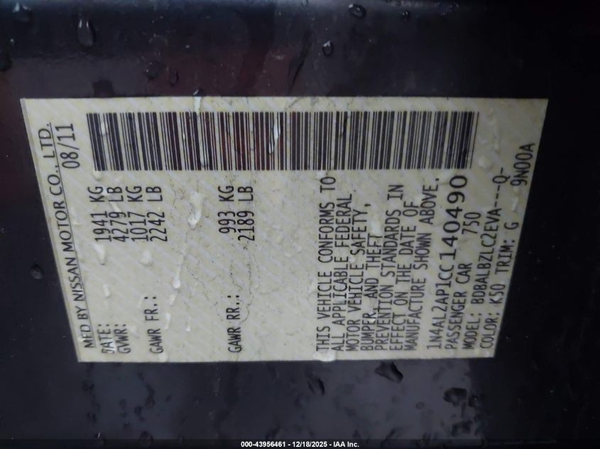 2012 Nissan Altima 2.5 S VIN: 1N4AL2AP1CC140490 Lot: 43956461