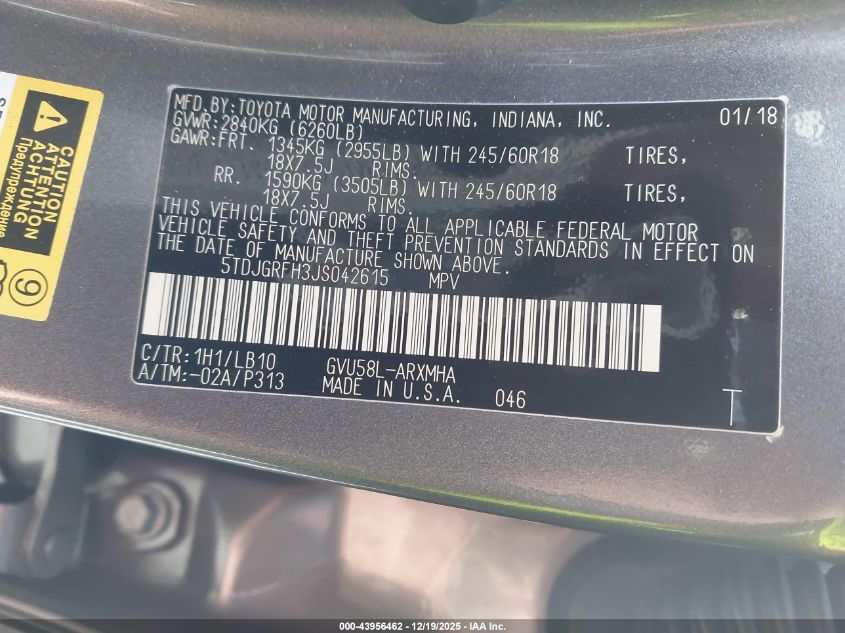 2018 Toyota Highlander Hybrid Xle VIN: 5TDJGRFH3JS042615 Lot: 43956462