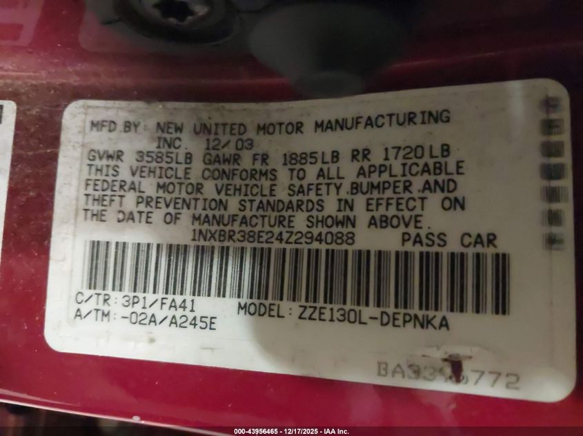 2004 Toyota Corolla Le VIN: 1NXBR38E24Z294088 Lot: 43956465