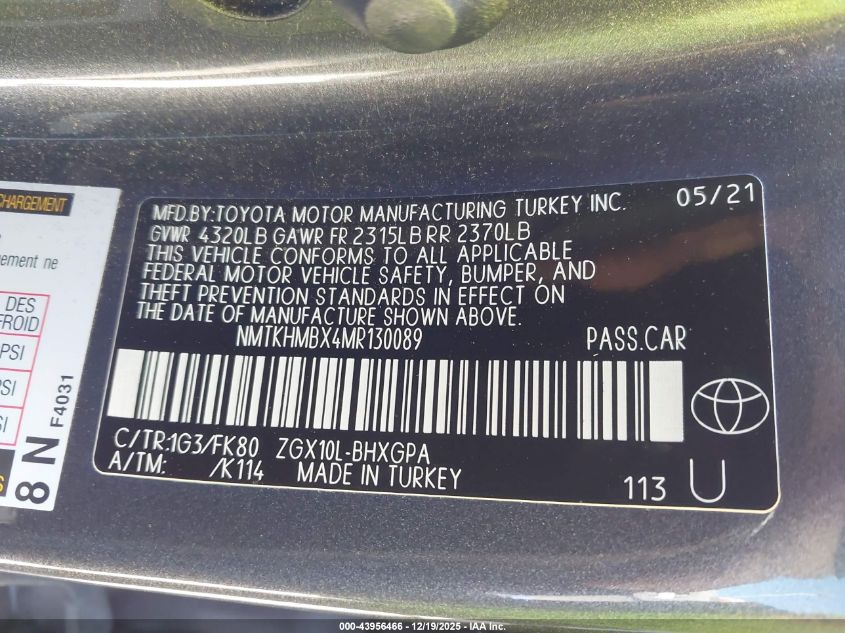 2021 Toyota C-Hr Xle VIN: NMTKHMBX4MR130089 Lot: 43956466