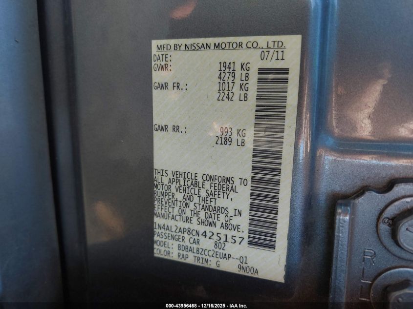 2012 Nissan Altima 2.5 S VIN: 1N4AL2AP8CN425157 Lot: 43956468