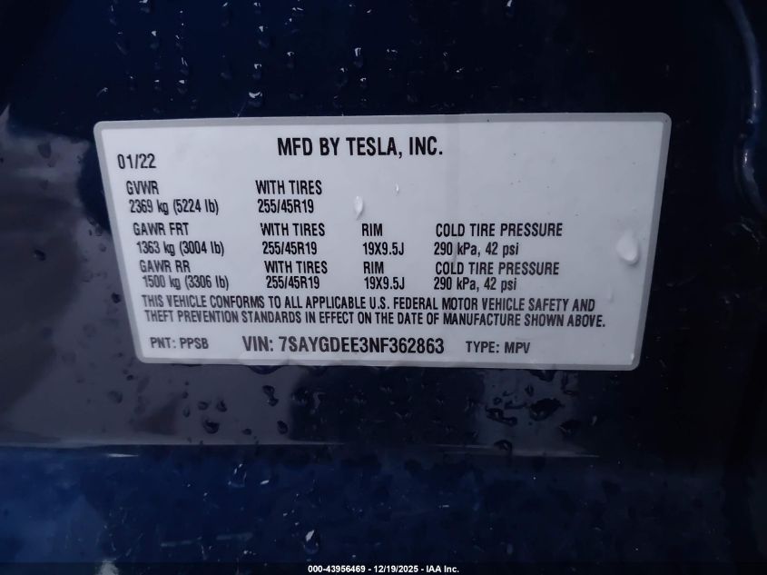 2022 Tesla Model Y Long Range Dual Motor All-Wheel Drive VIN: 7SAYGDEE3NF362863 Lot: 43956469