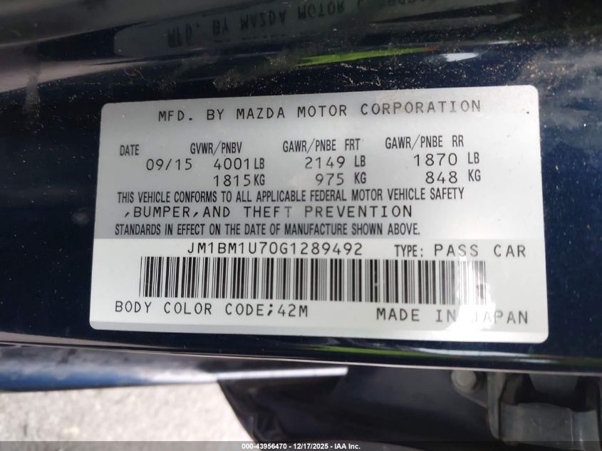 2016 Mazda Mazda3 I Sport VIN: JM1BM1U70G1289492 Lot: 43956470