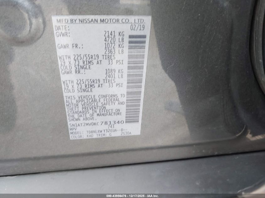 2019 Nissan Rogue Sl VIN: 5N1AT2MV0KC781340 Lot: 43956476