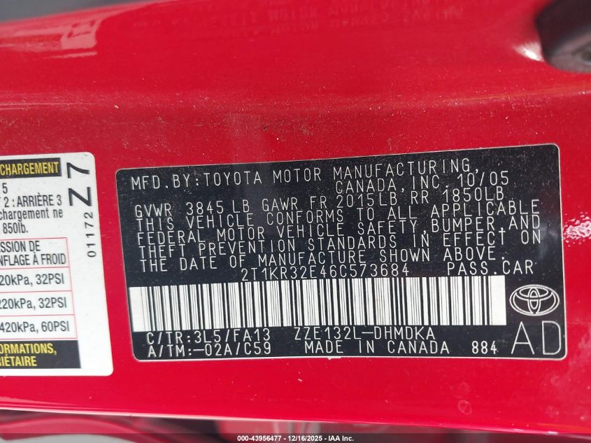 2006 Toyota Matrix VIN: 2T1KR32E46C573684 Lot: 43956477