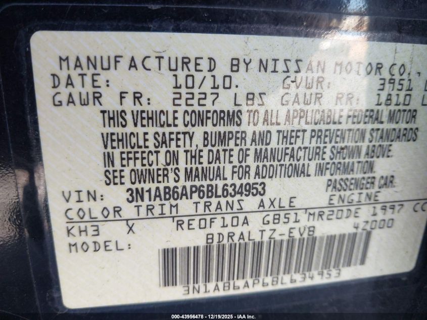 2011 Nissan Sentra 2.0Sr VIN: 3N1AB6AP6BL634953 Lot: 43956478