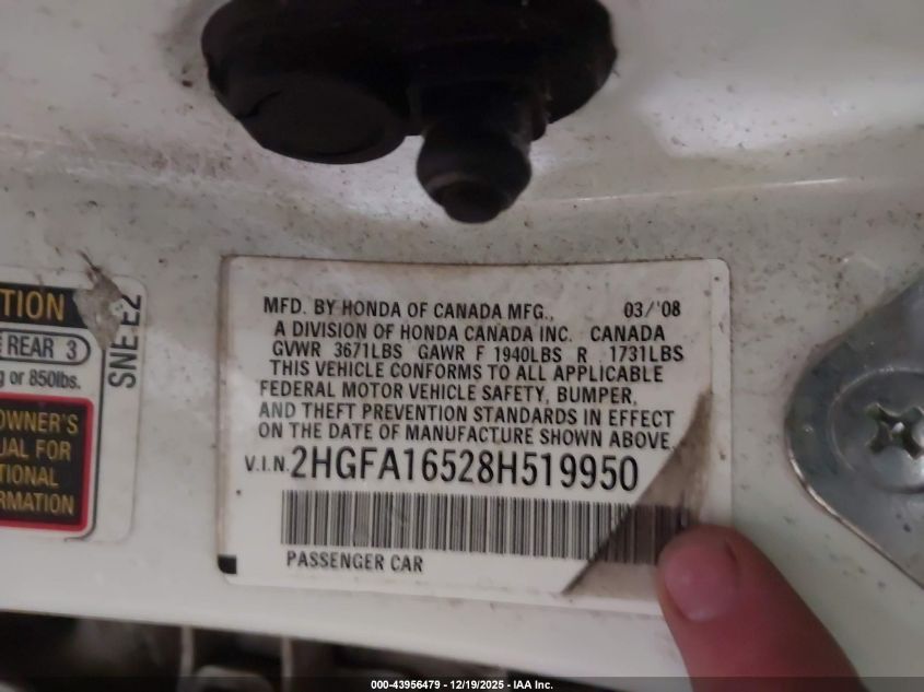 2008 Honda Civic Lx VIN: 2HGFA16528H519950 Lot: 43956479