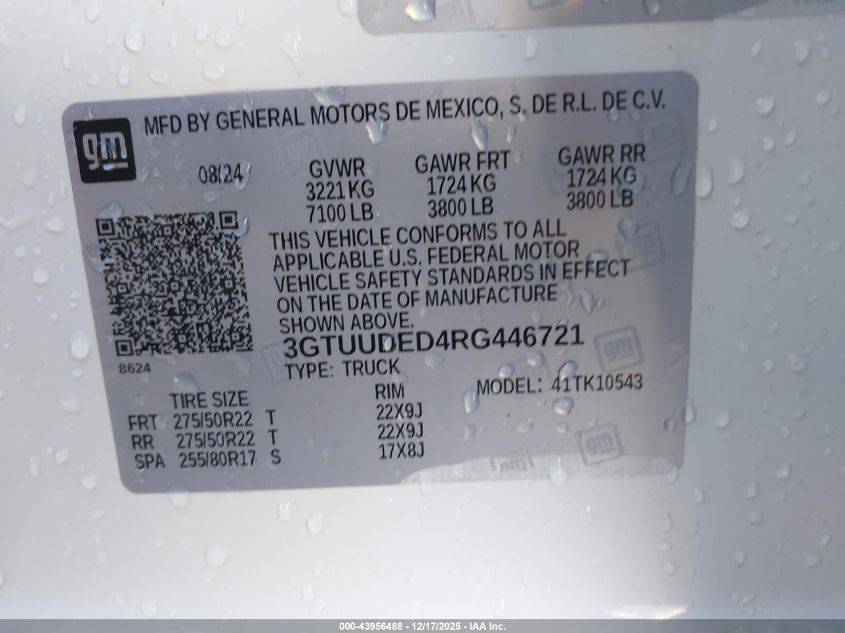 2024 GMC Sierra 1500 4Wd Short Box Slt VIN: 3GTUUDED4RG446721 Lot: 43956488