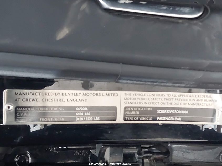 2007 Bentley Continental Flying Spur VIN: SCBBR93W37C041060 Lot: 43956490