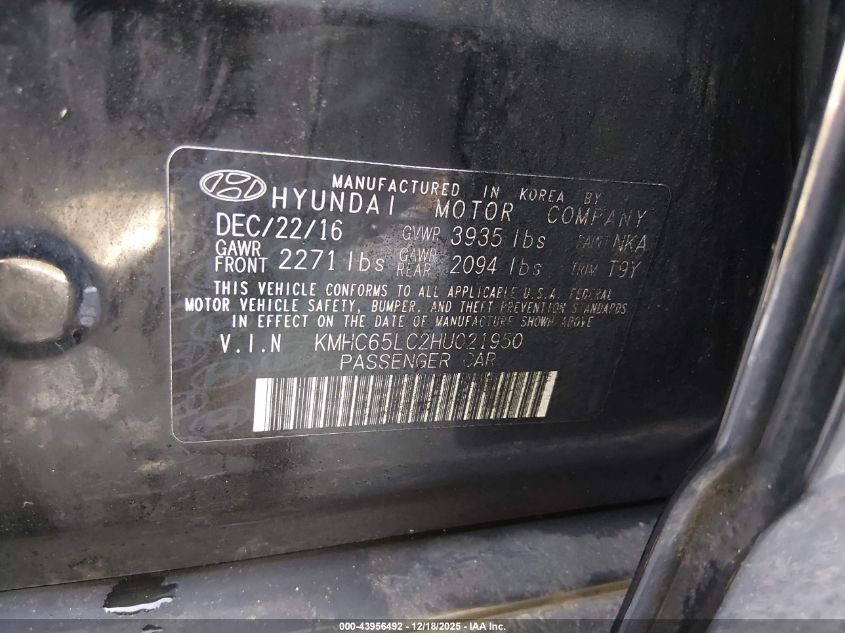 2017 Hyundai Ioniq Hybrid Blue VIN: KMHC65LC2HU021950 Lot: 43956492