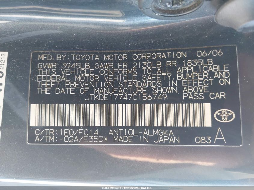 2007 Scion Tc VIN: JTKDE177470156749 Lot: 43956493