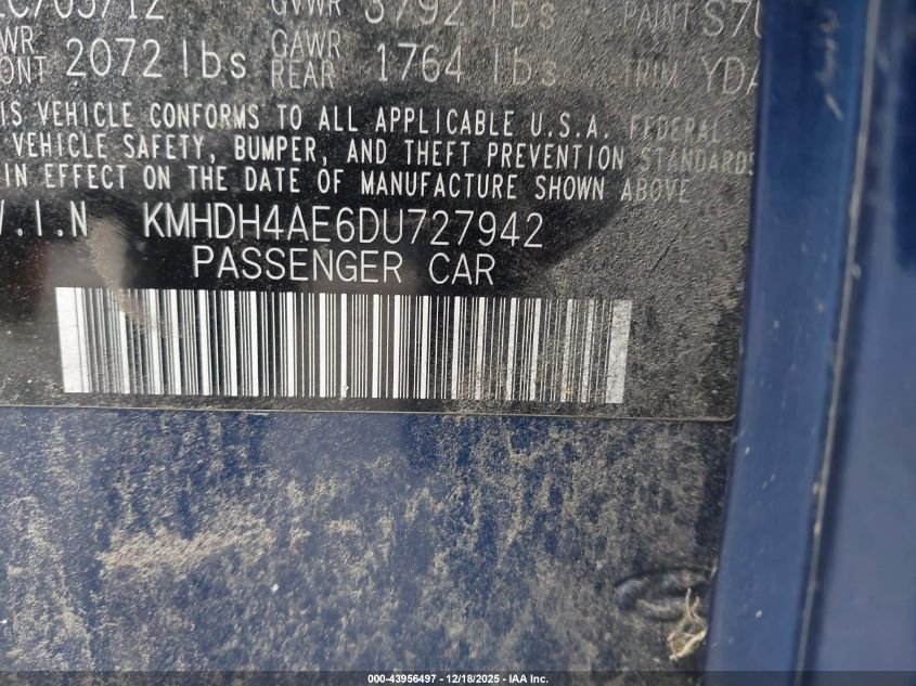 2013 Hyundai Elantra Gls VIN: KMHDH4AE6DU727942 Lot: 43956497