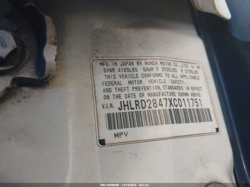 1999 Honda Cr-V Lx VIN: JHLRD2847XC011751 Lot: 43956498