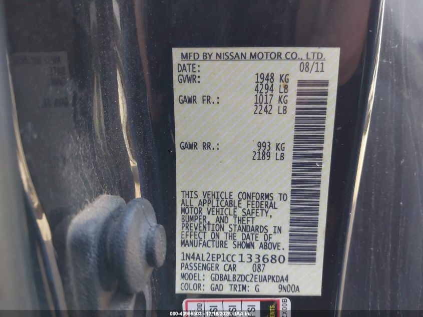 2012 Nissan Altima 2.5 S VIN: 1N4AL2EP1CC133680 Lot: 43956503