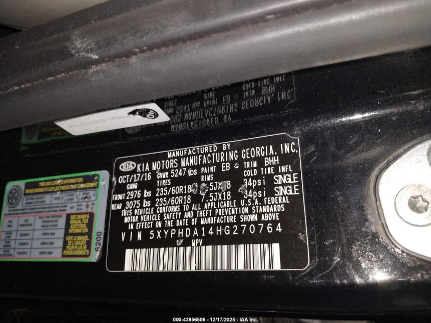 2017 Kia Sorento 2.0T Ex VIN: 5XYPHDA14HG270764 Lot: 43956506