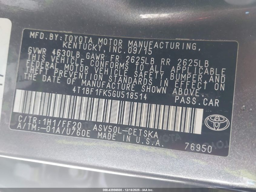 2016 Toyota Camry Se VIN: 4T1BF1FK5GU518514 Lot: 43956508