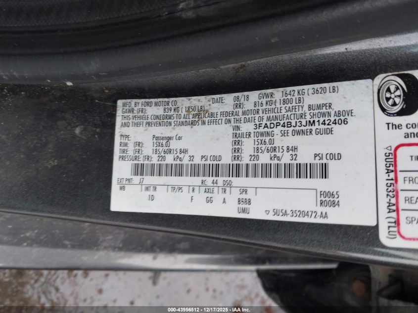 2018 Ford Fiesta Se VIN: 3FADP4BJ3JM142406 Lot: 43956512