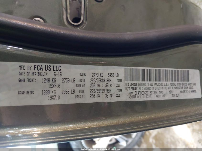 2016 Dodge Journey Crossroad Plus VIN: 3C4PDCGG3GT211312 Lot: 43956516