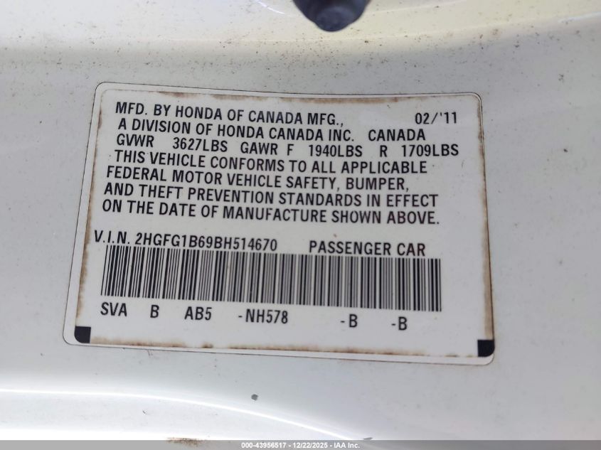 2011 Honda Civic Lx VIN: 2HGFG1B69BH514670 Lot: 43956517