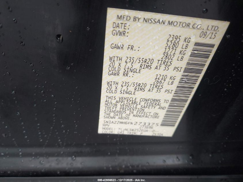 2015 Nissan Murano Platinum VIN: 5N1AZ2MH6FN273375 Lot: 43956523