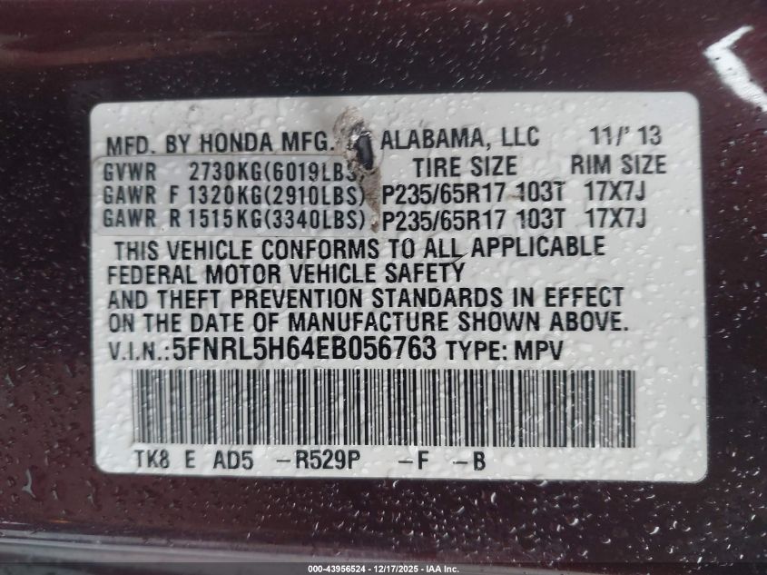 2014 Honda Odyssey Ex-L VIN: 5FNRL5H64EB056763 Lot: 43956524