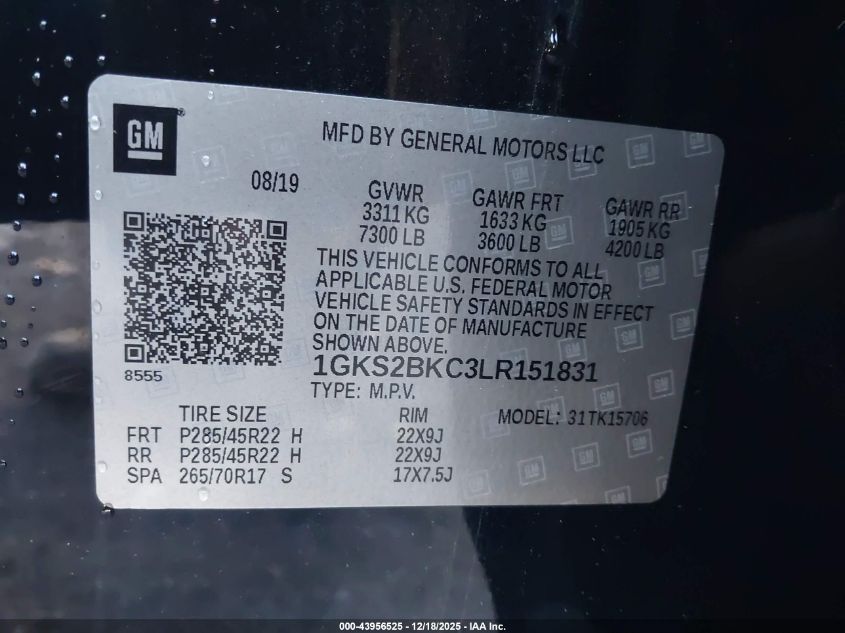 2020 GMC Yukon 4Wd Slt VIN: 1GKS2BKC3LR151831 Lot: 43956525