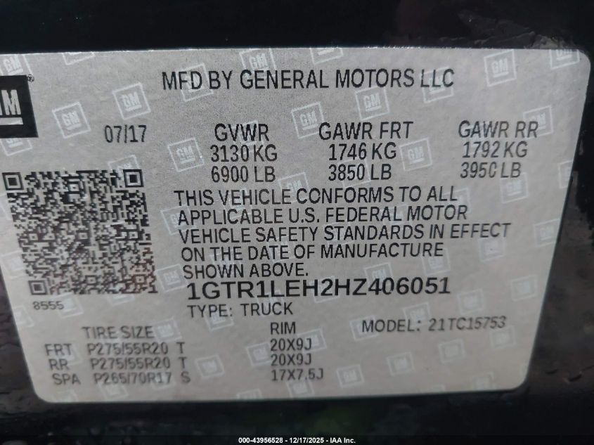 2017 GMC Sierra 1500 VIN: 1GTR1LEH2HZ406051 Lot: 43956528