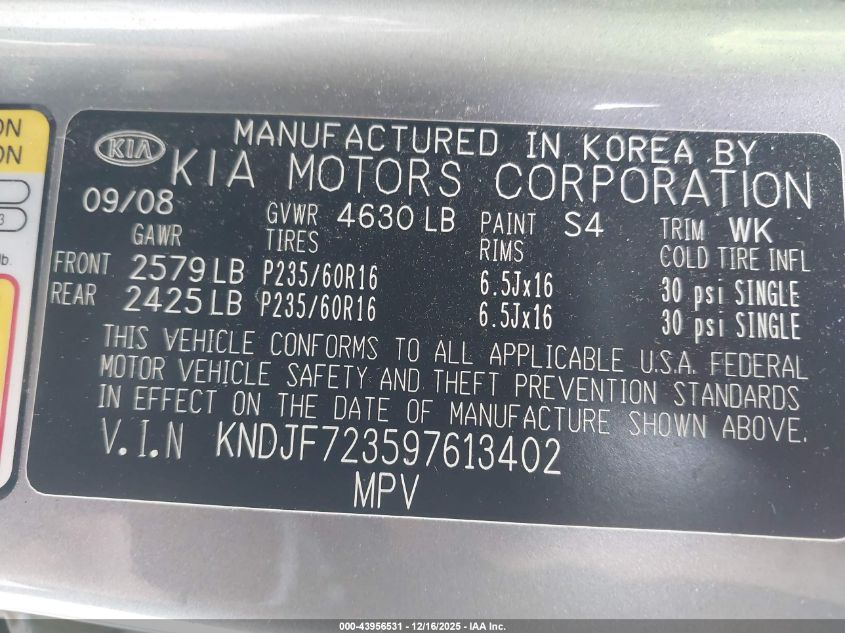 2009 Kia Sportage Ex V6 VIN: KNDJF723597613402 Lot: 43956531