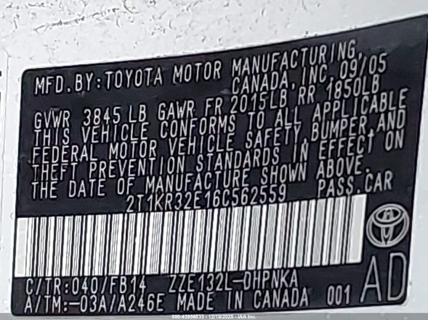 2006 Toyota Matrix Xr VIN: 2T1KR32E16C562559 Lot: 43956533