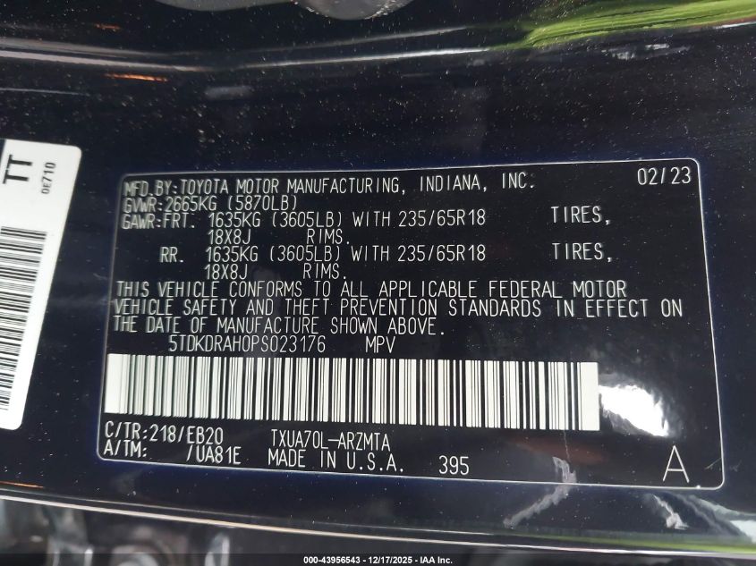 2023 Toyota Highlander Xle VIN: 5TDKDRAH0PS023176 Lot: 43956543