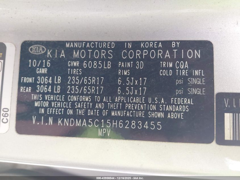 2017 Kia Sedona L VIN: KNDMA5C15H6283455 Lot: 43956544