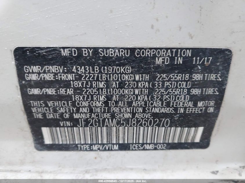 2018 Subaru Crosstrek 2.0I Limited VIN: JF2GTAMC5J8260270 Lot: 43956545