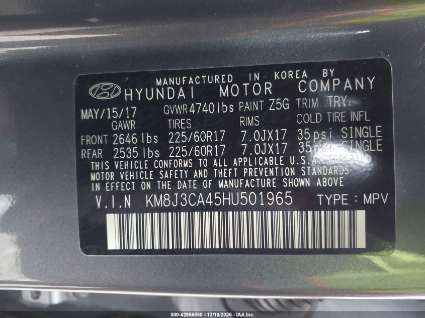 2017 Hyundai Tucson Se VIN: KM8J3CA45HU501965 Lot: 43956550