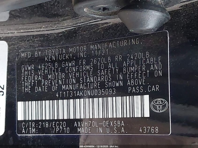 2022 Toyota Camry Nightshade Edition Hybrid VIN: 4T1T31AK0NU035093 Lot: 43956554