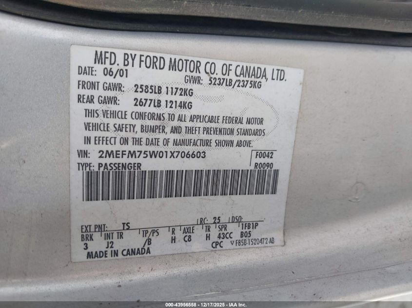 2001 Mercury Grand Marquis Ls VIN: 2MEFM75W01X706603 Lot: 43956558