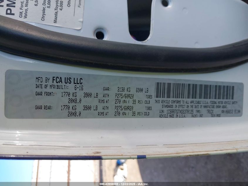 2016 Ram 1500 Big Horn VIN: 1C6RR7GTXGS370125 Lot: 43956559