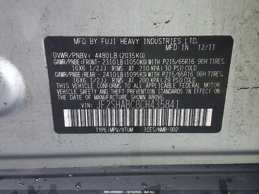 2012 Subaru Forester 2.5X VIN: JF2SHABC8CH435841 Lot: 43956561
