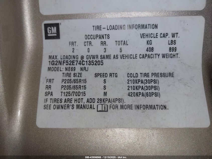 2004 Pontiac Grand Am Se1 VIN: 1G2NF52E74C135205 Lot: 43956566