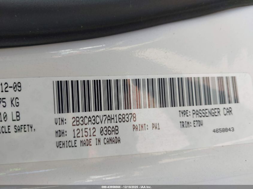 2010 Dodge Charger Sxt VIN: 2B3CA3CV7AH168378 Lot: 43956568