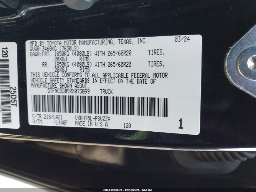 2024 Toyota Tundra Hybrid Platinum 4Wd VIN: 5TFNC5DB9RX073099 Lot: 43956569