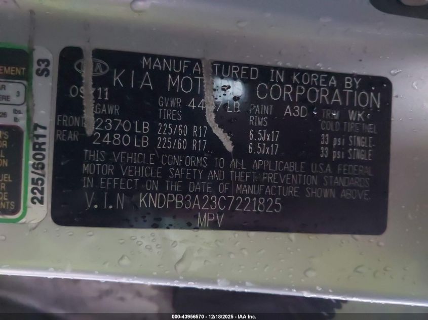 2012 Kia Sportage Lx VIN: KNDPB3A23C7221825 Lot: 43956570