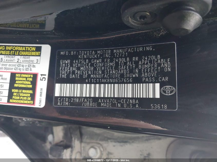 2022 Toyota Camry Le VIN: 4T1C11AK8NU657656 Lot: 43956572