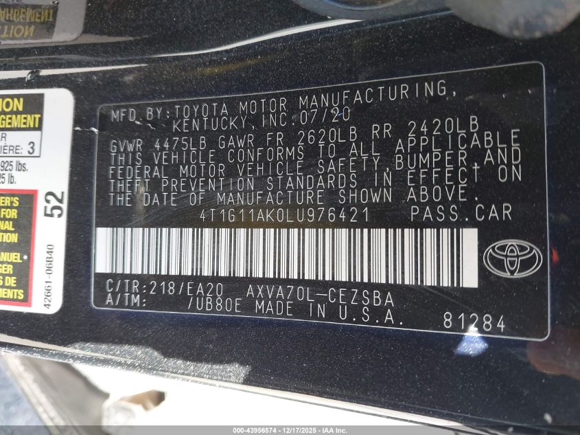 2020 Toyota Camry Se VIN: 4T1G11AK0LU976421 Lot: 43956574
