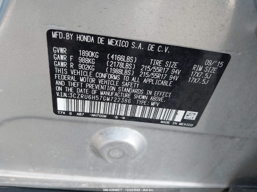 2016 Honda Hr-V Ex VIN: 3CZRU6H57GM722386 Lot: 43956577