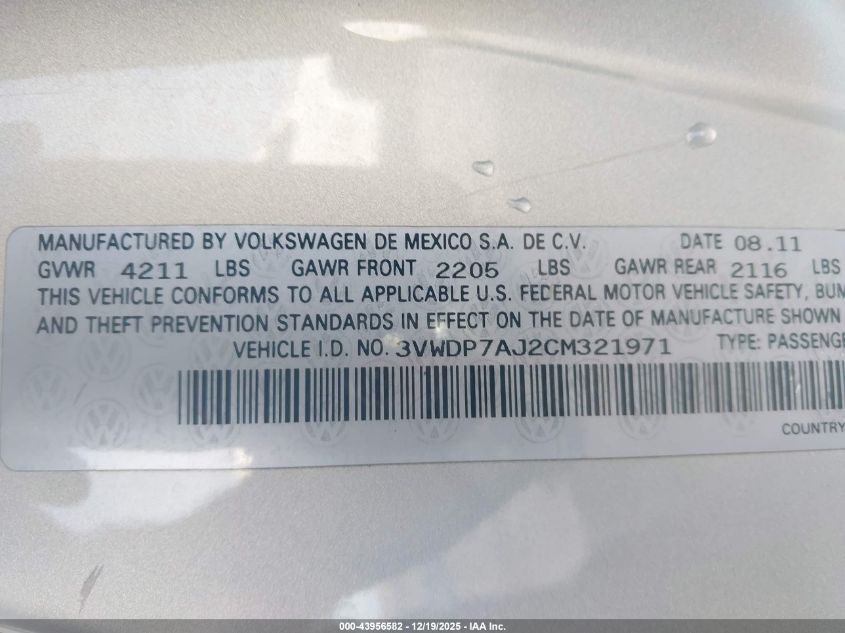 2012 Volkswagen Jetta 2.5L Se VIN: 3VWDP7AJ2CM321971 Lot: 43956582