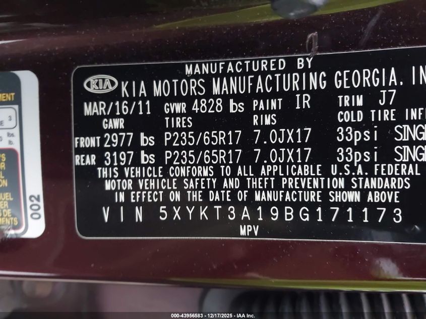 2011 Kia Sorento Lx VIN: 5XYKT3A19BG171173 Lot: 43956583