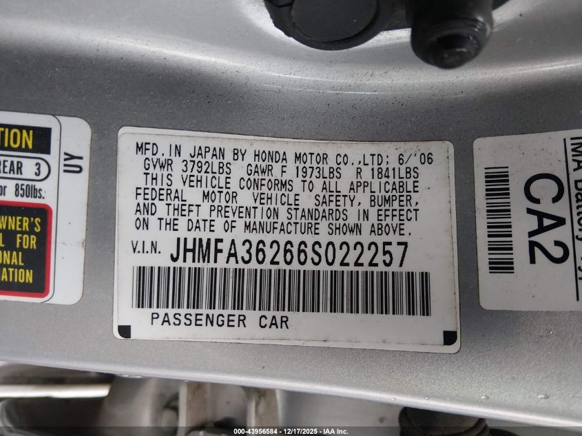 2006 Honda Civic Hybrid VIN: JHMFA36266S022257 Lot: 43956584