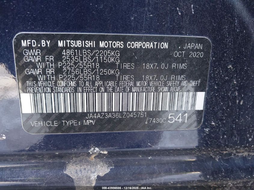 2020 Mitsubishi Outlander Se 2.4 S-Awc VIN: JA4AZ3A36LZ045751 Lot: 43956586