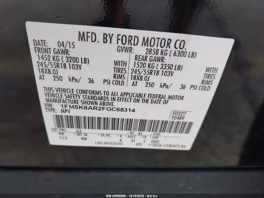 2015 Ford Utility Police Interceptor VIN: 1FM5K8AR2FGC68314 Lot: 43956588